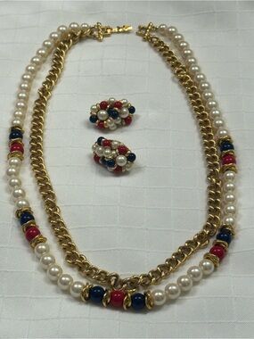 Classic Pearl & Gold Chain Necklace with Red and Navy Accents - Women's Jewelry